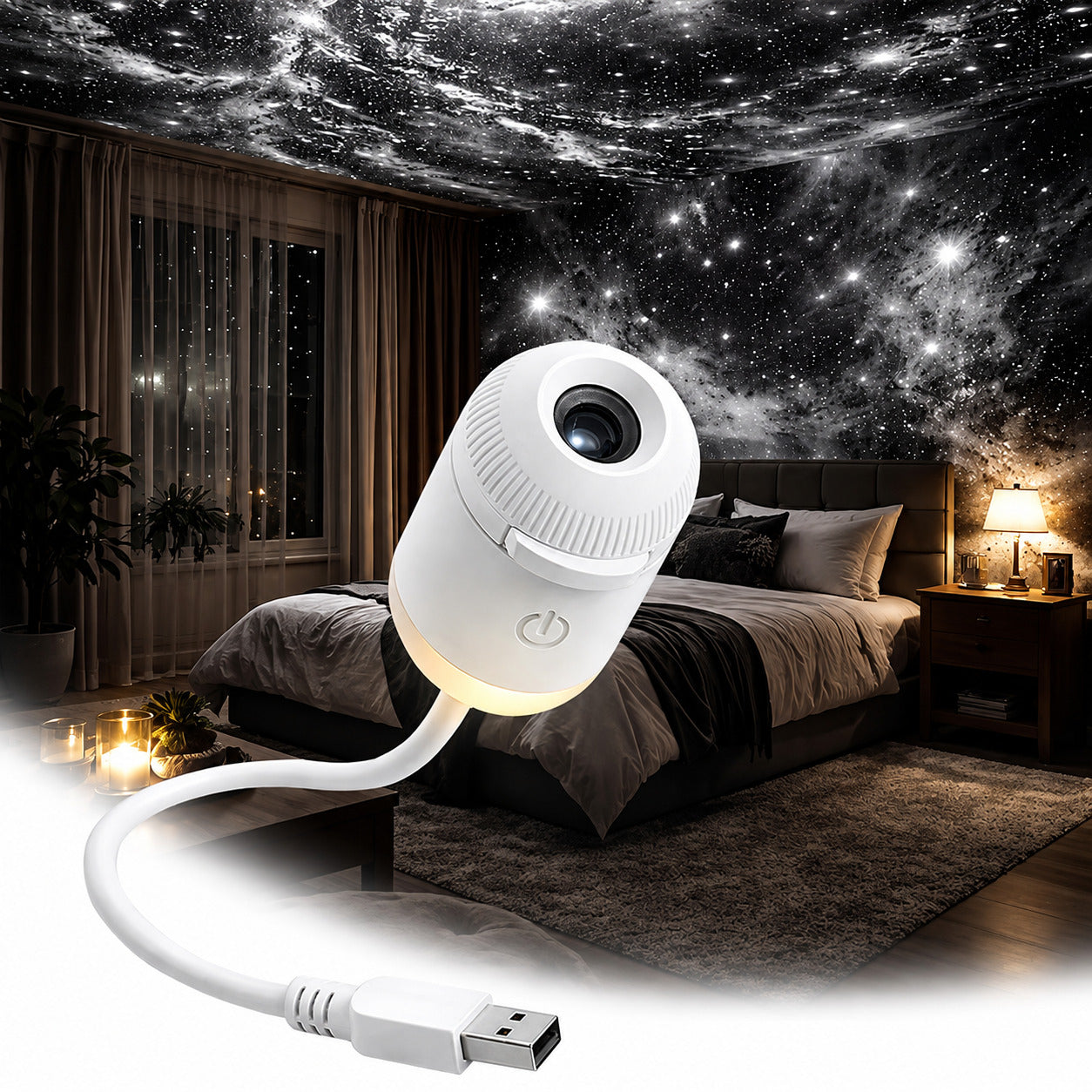 Lunavora mini galaxy projector in a bedroom